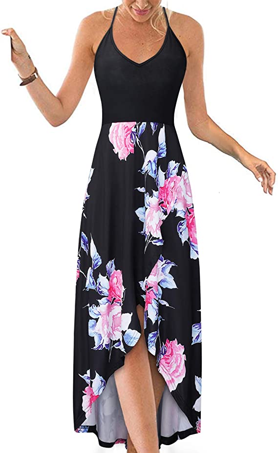 Vestidos de verão casuais com decote em V sem mangas florais patchwork assimétricos