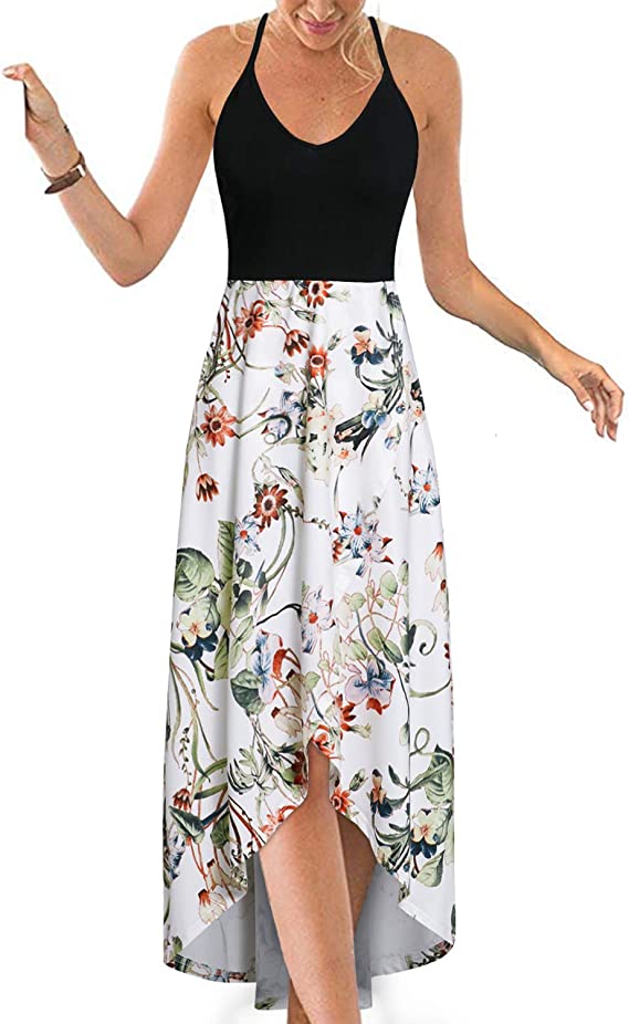 Vestidos de verão casuais com decote em V sem mangas florais patchwork assimétricos