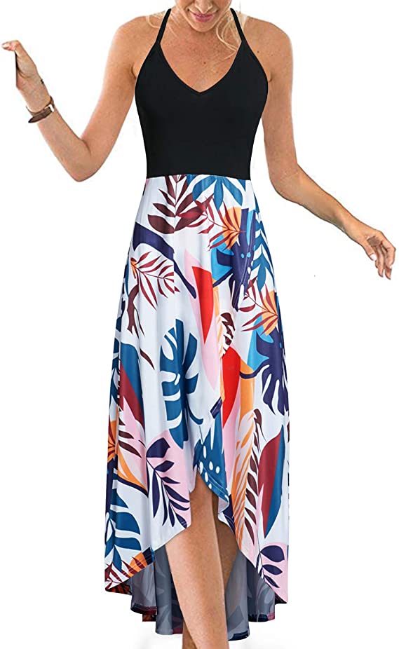 Vestidos de verão casuais com decote em V sem mangas florais patchwork assimétricos