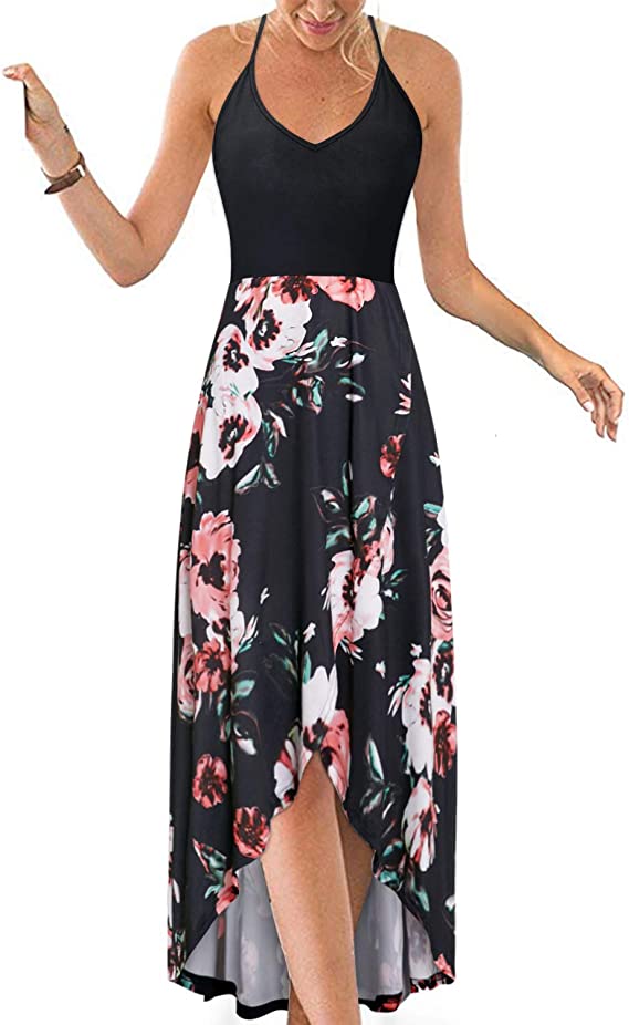 Vestidos de verão casuais com decote em V sem mangas florais patchwork assimétricos