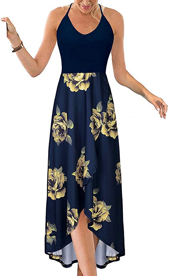 Vestidos de verão casuais com decote em V sem mangas florais patchwork assimétricos