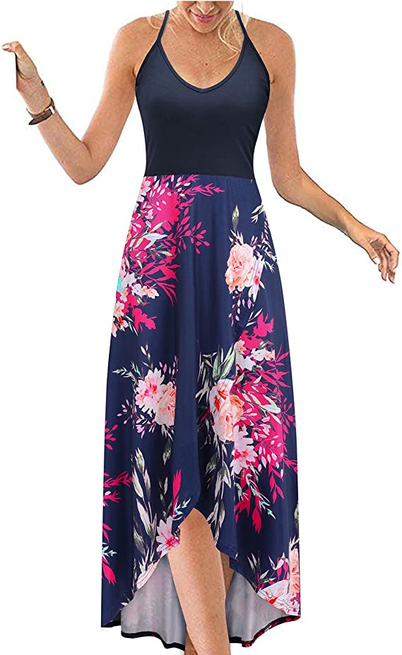 Vestidos de verão casuais com decote em V sem mangas florais patchwork assimétricos