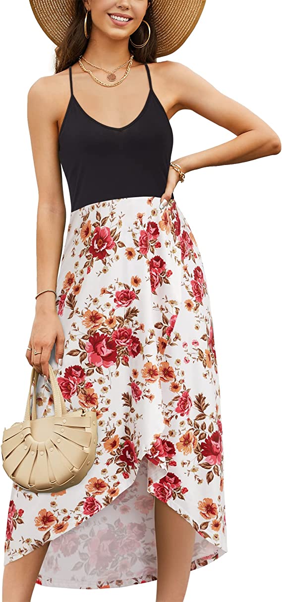 Vestidos de verão casuais com decote em V sem mangas florais patchwork assimétricos