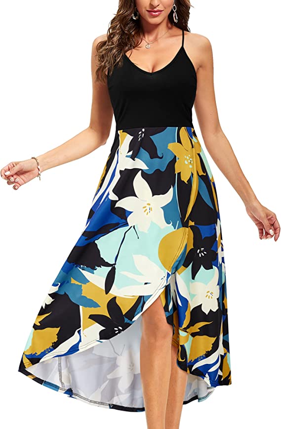 Vestidos de verão casuais com decote em V sem mangas florais patchwork assimétricos