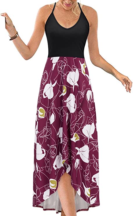 Vestidos de verão casuais com decote em V sem mangas florais patchwork assimétricos