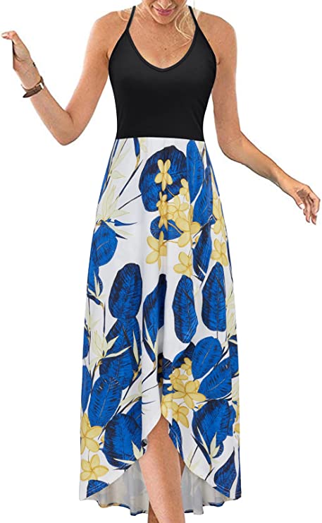 Vestidos de verão casuais com decote em V sem mangas florais patchwork assimétricos