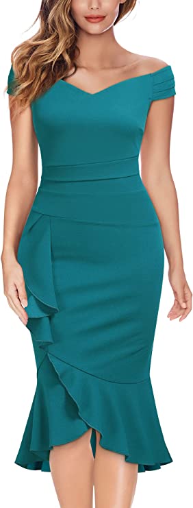 Vestido formal feminino ombro decotado decote em V com pregas cintura colada ao corpo
