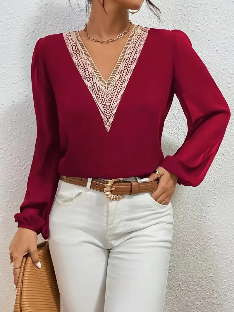 Blusa com Costura de Renda, Blusa Elegante de Manga Longa com Decote em V,