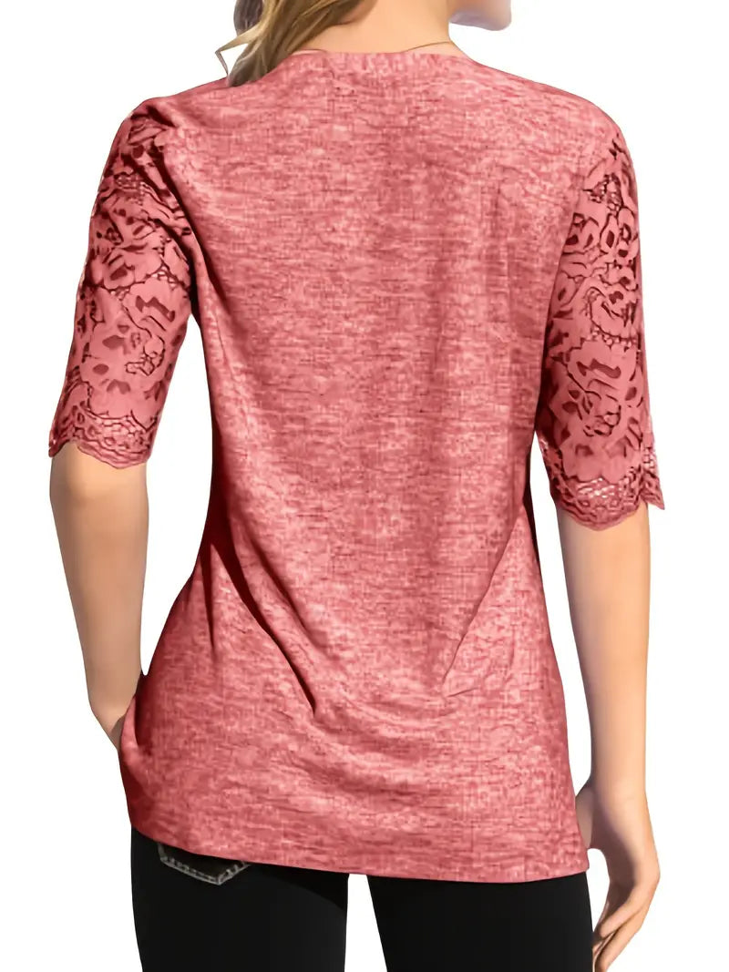 Camiseta de meio botão com acabamento em renda, camiseta lisa casual com decote redondo,
