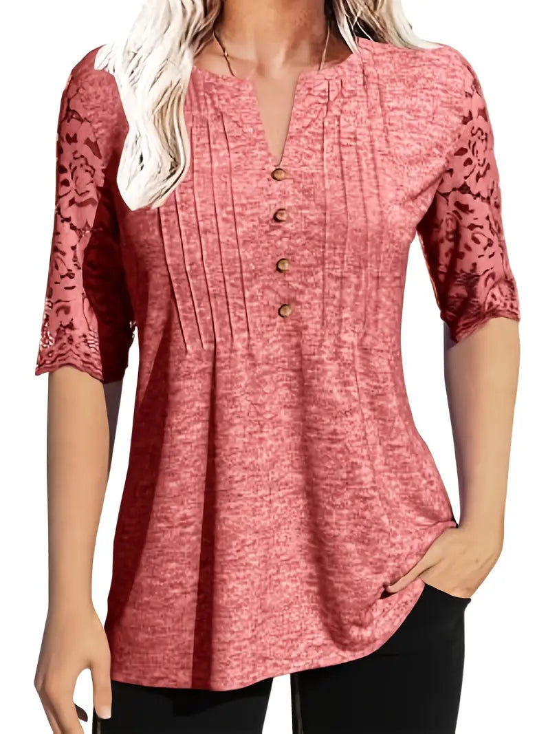 Camiseta de meio botão com acabamento em renda, camiseta lisa casual com decote redondo,