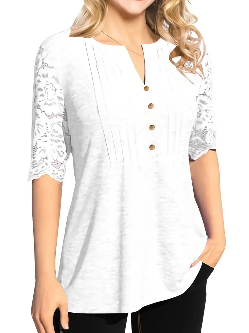 Camiseta de meio botão com acabamento em renda, camiseta lisa casual com decote redondo,