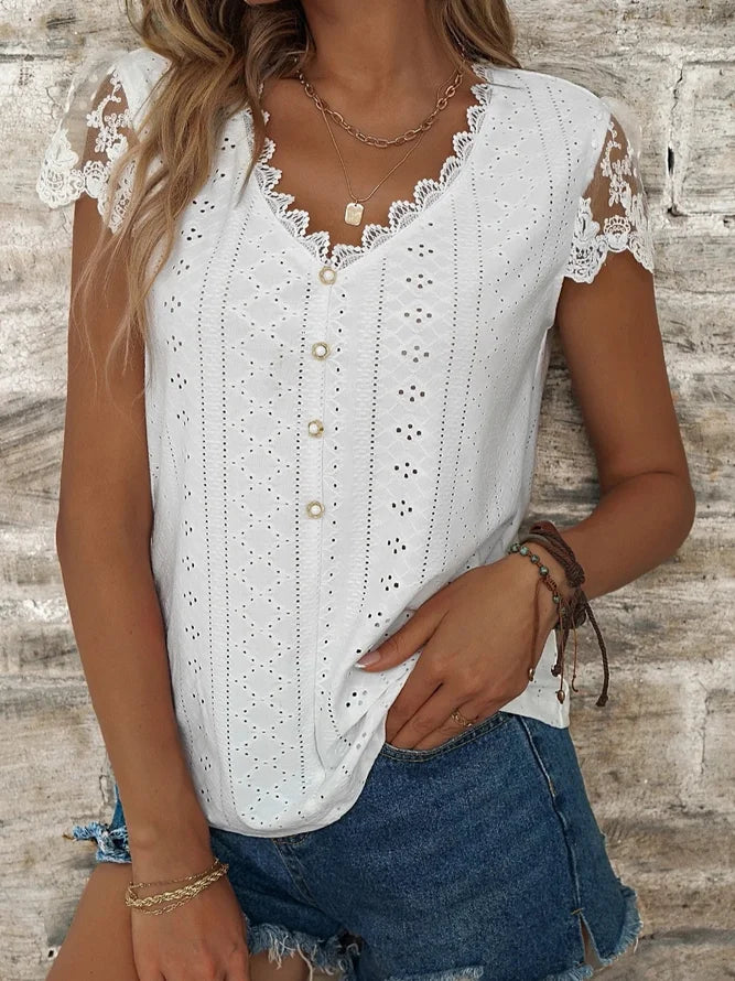 Blusas femininas com ilhós lisas e ocas com decote em V
