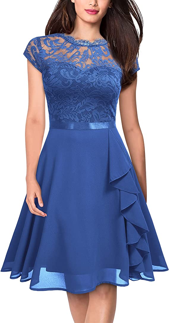 Vestido Vintage Renda Contraste Chiffon Ruffle Elegante S, M, L, XL,XXL