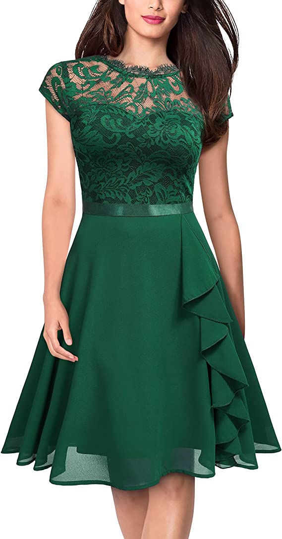 Vestido Vintage Renda Contraste Chiffon Ruffle Elegante S, M, L, XL,XXL