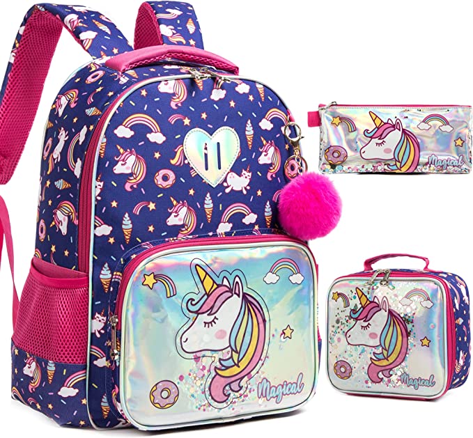 Conjunto 3 peças de mochilas escolares com kits de lanche e material
