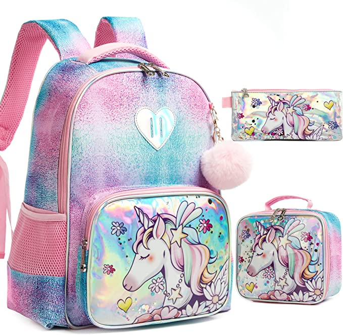 Conjunto 3 peças de mochilas escolares com kits de lanche e material