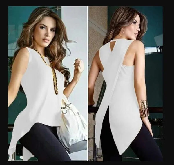 Blusa sem mangas, gola redonda, ajuste fino, irregular