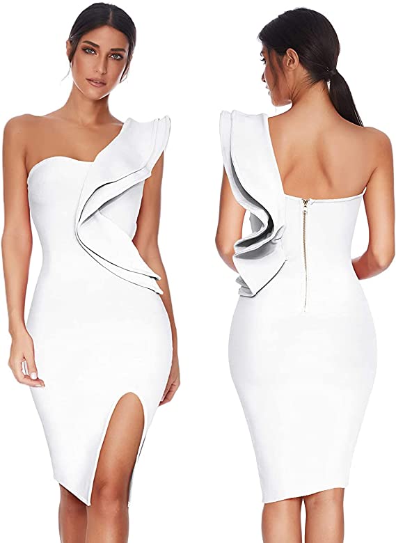 Vestido de festa com babados de um ombro colante ao corpo