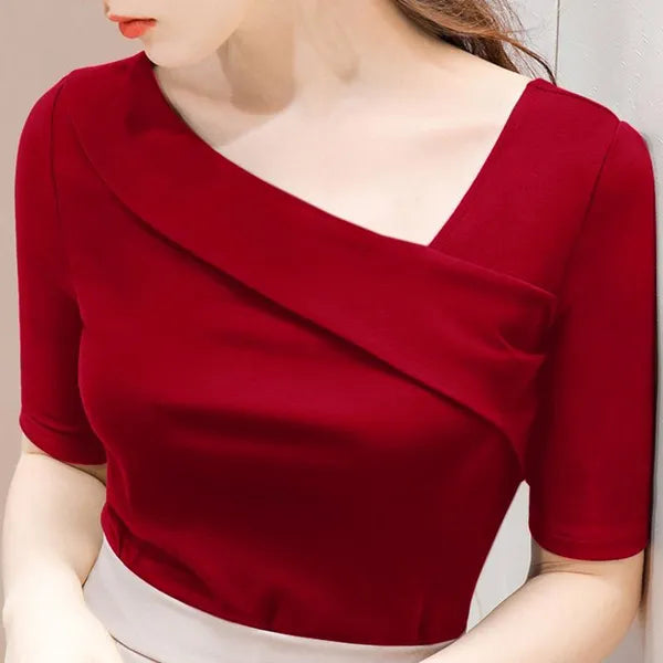 Blusa de manga elegante de escritório com decote irregular