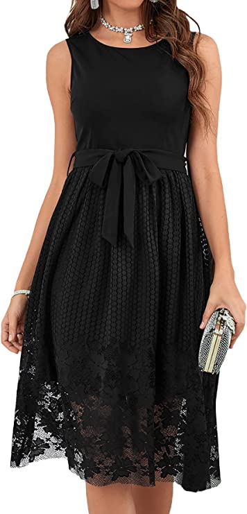 Vestido feminino elegante floral de renda sem mangas com amarração na cintura