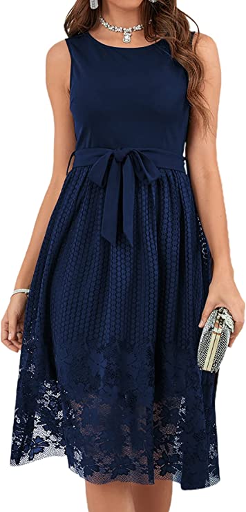 Vestido feminino elegante floral de renda sem mangas com amarração na cintura