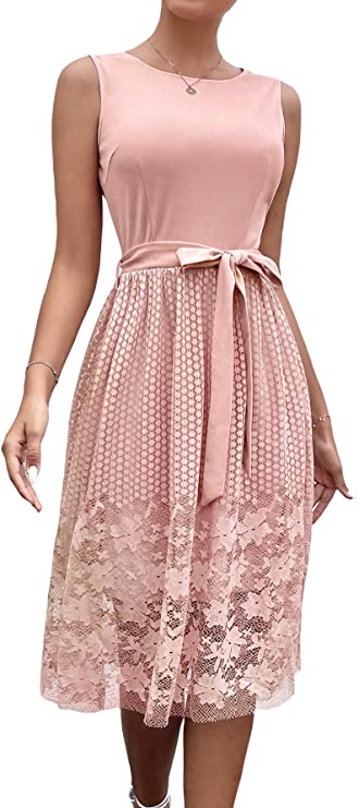 Vestido feminino elegante floral de renda sem mangas com amarração na cintura