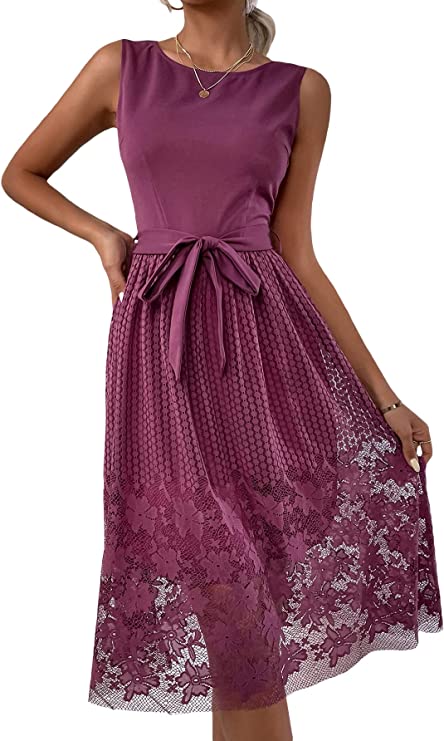 Vestido feminino elegante floral de renda sem mangas com amarração na cintura