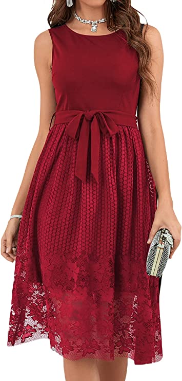Vestido feminino elegante floral de renda sem mangas com amarração na cintura