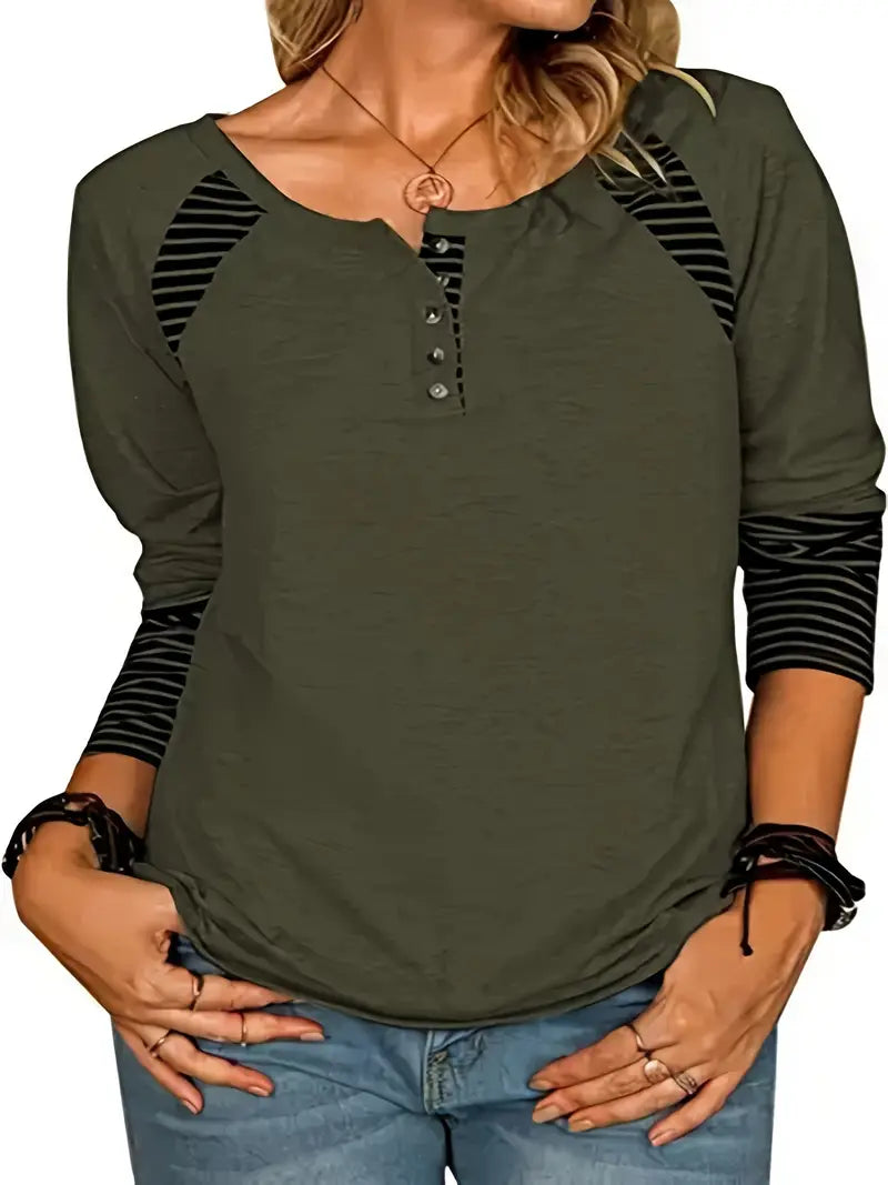 Camiseta listrada de gola redonda de cor sólida, blusa de festa com botão para outono e primavera