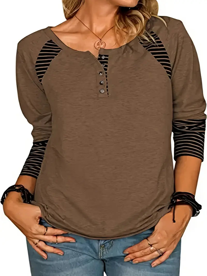 Camiseta listrada de gola redonda de cor sólida, blusa de festa com botão para outono e primavera
