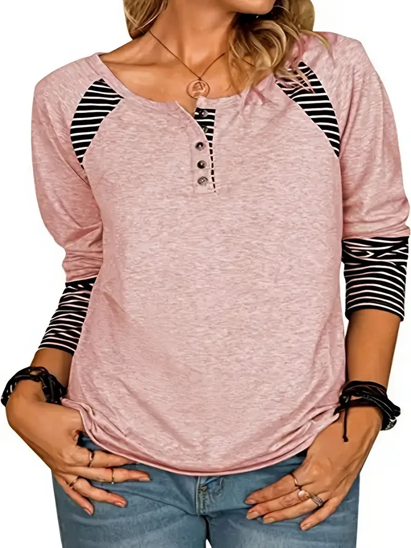 Camiseta listrada de gola redonda de cor sólida, blusa de festa com botão para outono e primavera