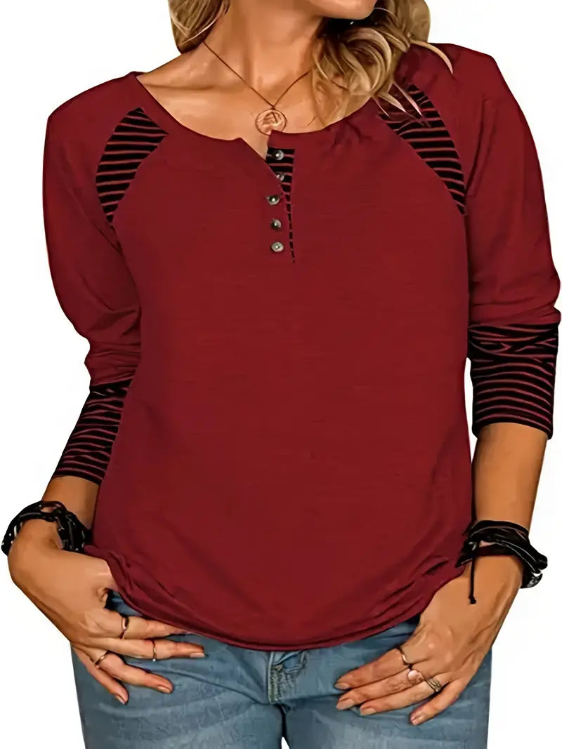 Camiseta listrada de gola redonda de cor sólida, blusa de festa com botão para outono e primavera