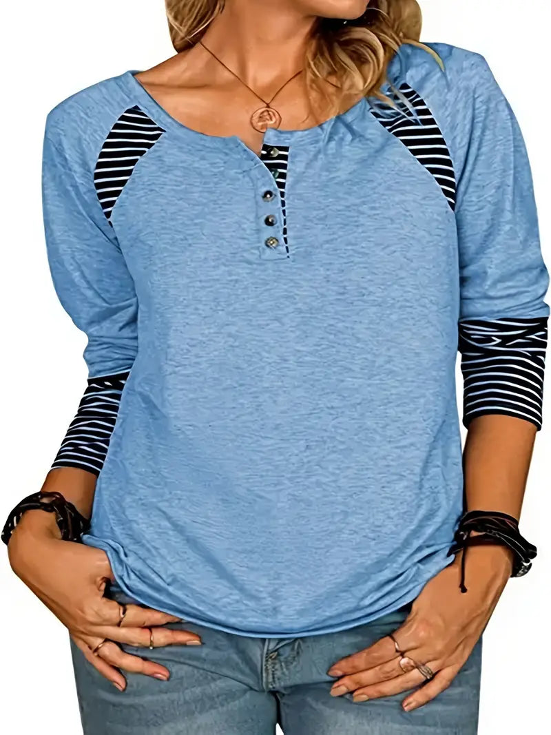 Camiseta listrada de gola redonda de cor sólida, blusa de festa com botão para outono e primavera