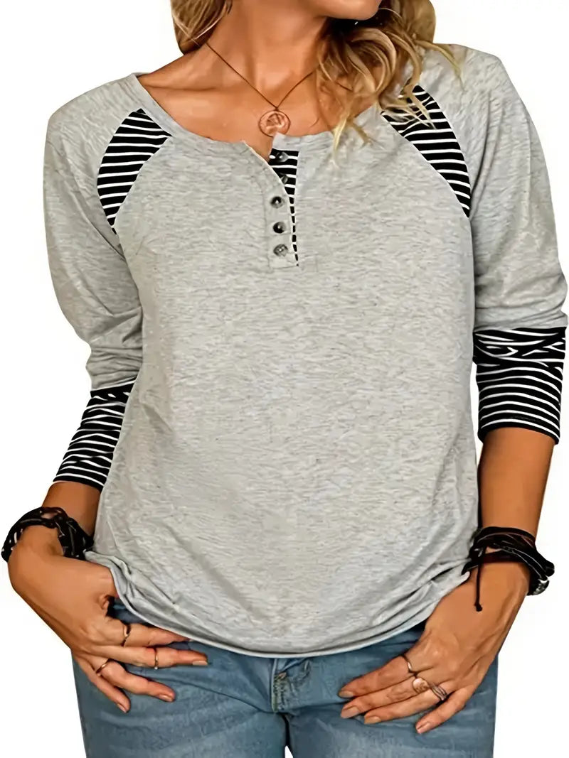 Camiseta listrada de gola redonda de cor sólida, blusa de festa com botão para outono e primavera