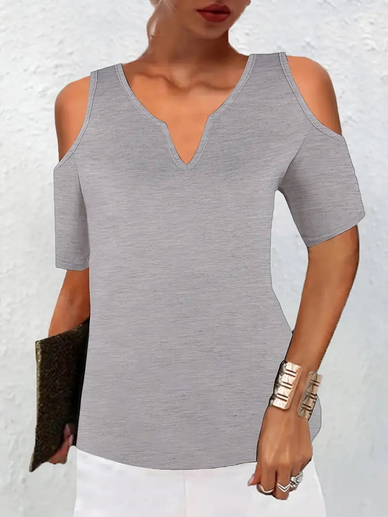 Camiseta lisa com decote em V casual estilosa de manga curta solta