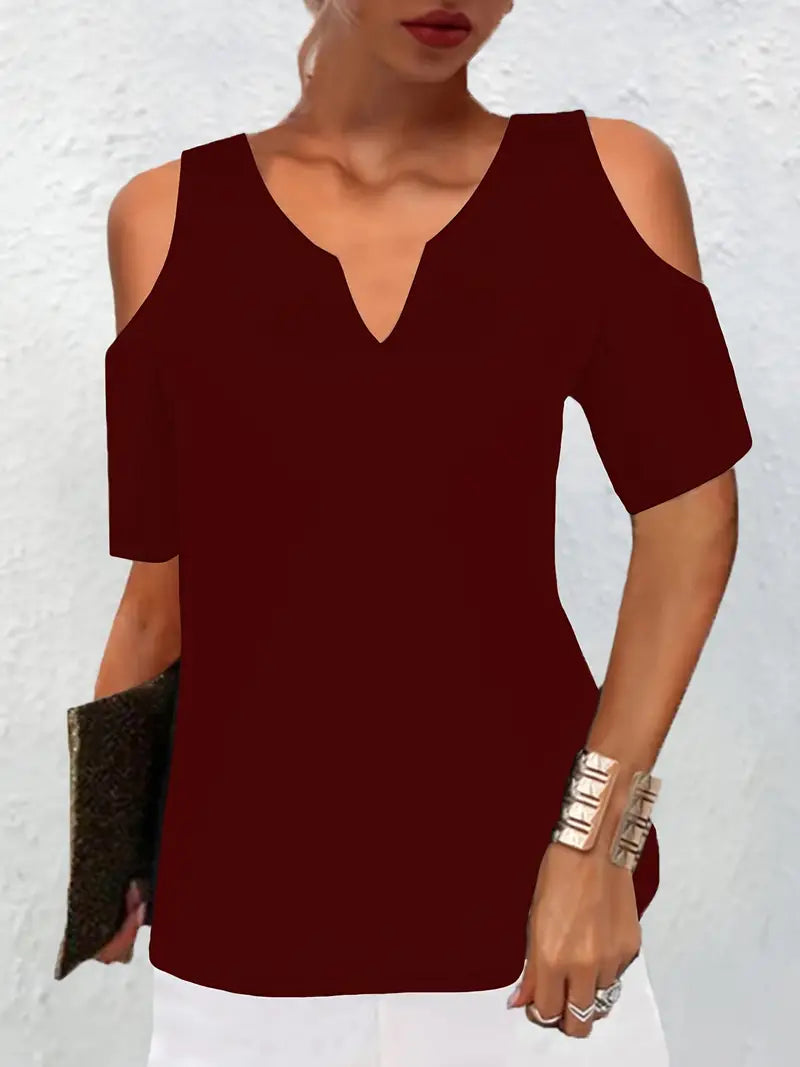 Camiseta lisa com decote em V casual estilosa de manga curta solta