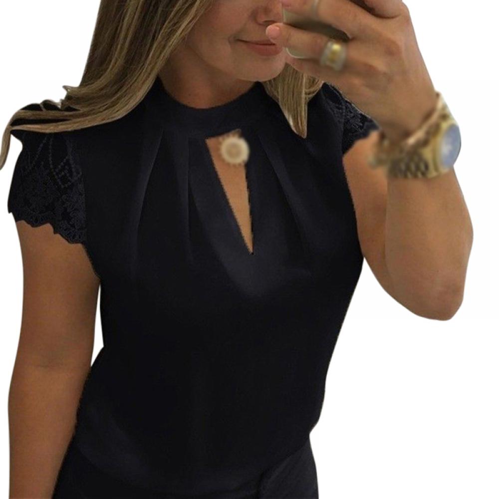 Blusas de chiffon de manga curta para trabalho feminino de verão elegante gola alta colarinho rendado
