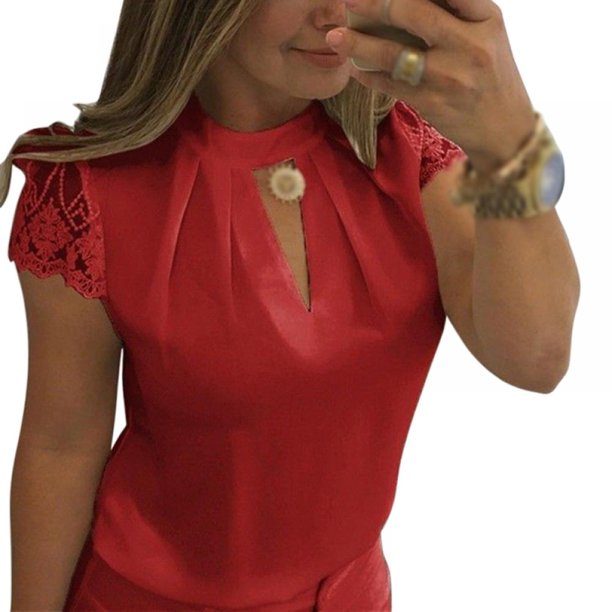 Blusas de chiffon de manga curta para trabalho feminino de verão elegante gola alta colarinho rendado