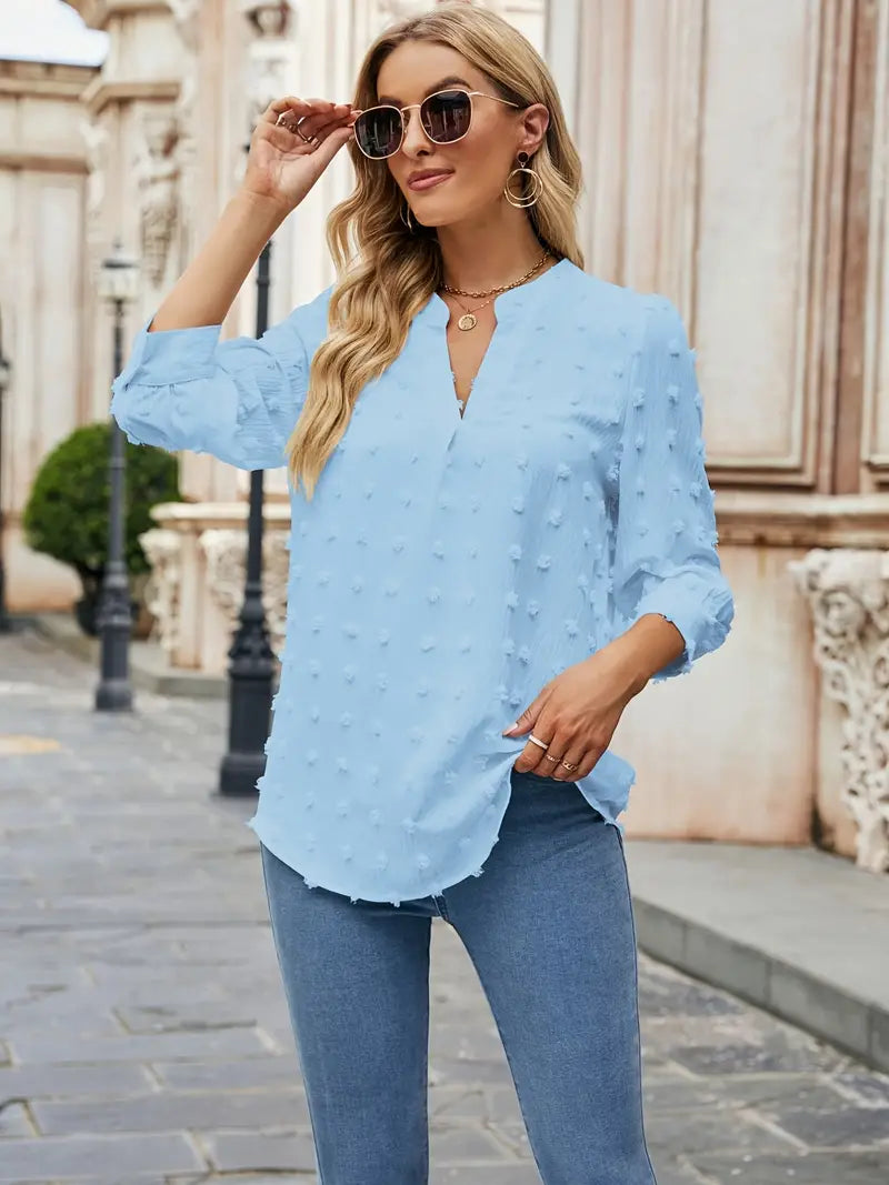 Blusa suíça com decote em V, elegante blusa lisa de meia manga