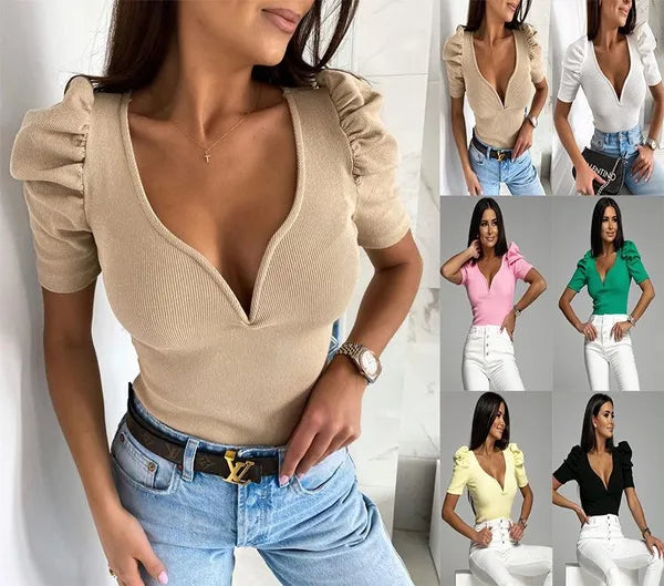 Blusas com gola redonda e manga curta bufante elegante