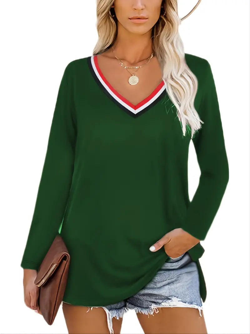 Camisetas colorida com decote em V e fenda
