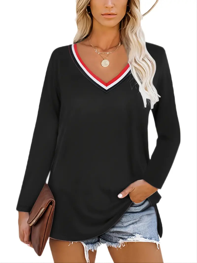Camisetas colorida com decote em V e fenda