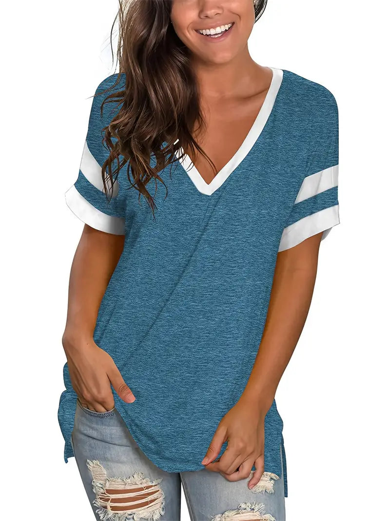 Camiseta solta com decote em V, blusa casual de manga curta