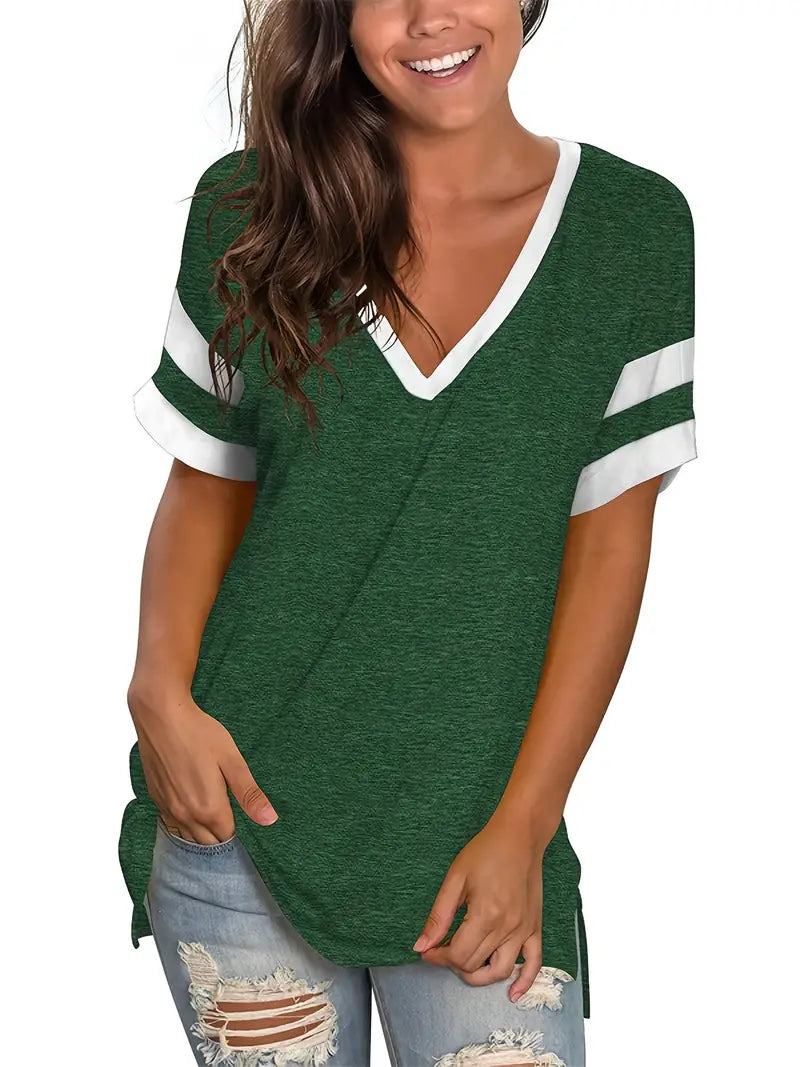 Camiseta solta com decote em V, blusa casual de manga curta