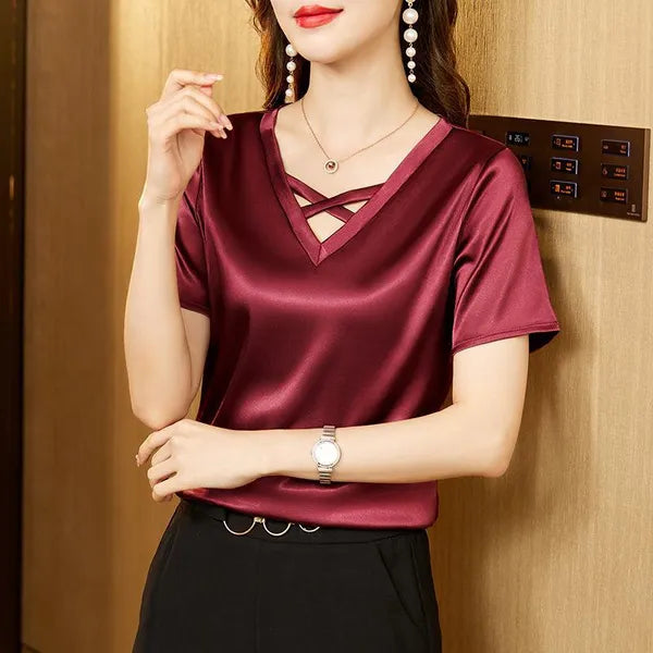 Blusas femininas de cetim decote em V seda sintética brilhante