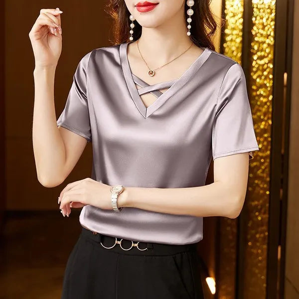 Blusas femininas de cetim decote em V seda sintética brilhante