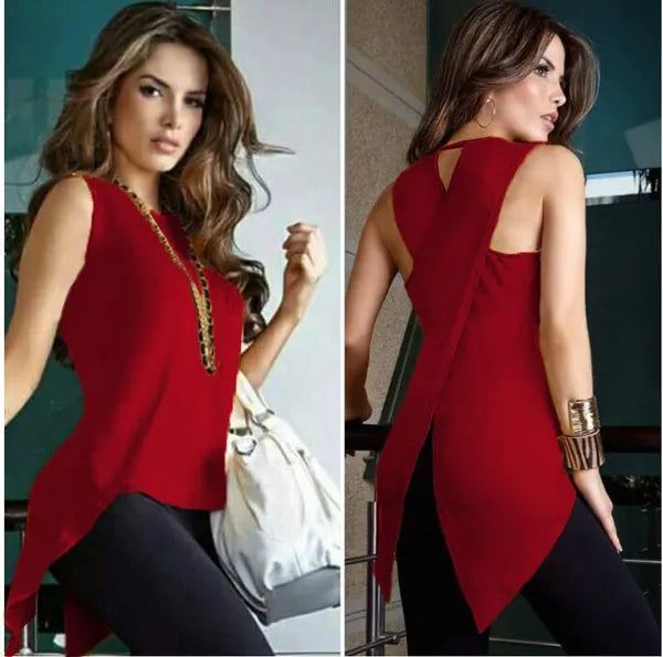 Blusa sem mangas, gola redonda, ajuste fino, irregular
