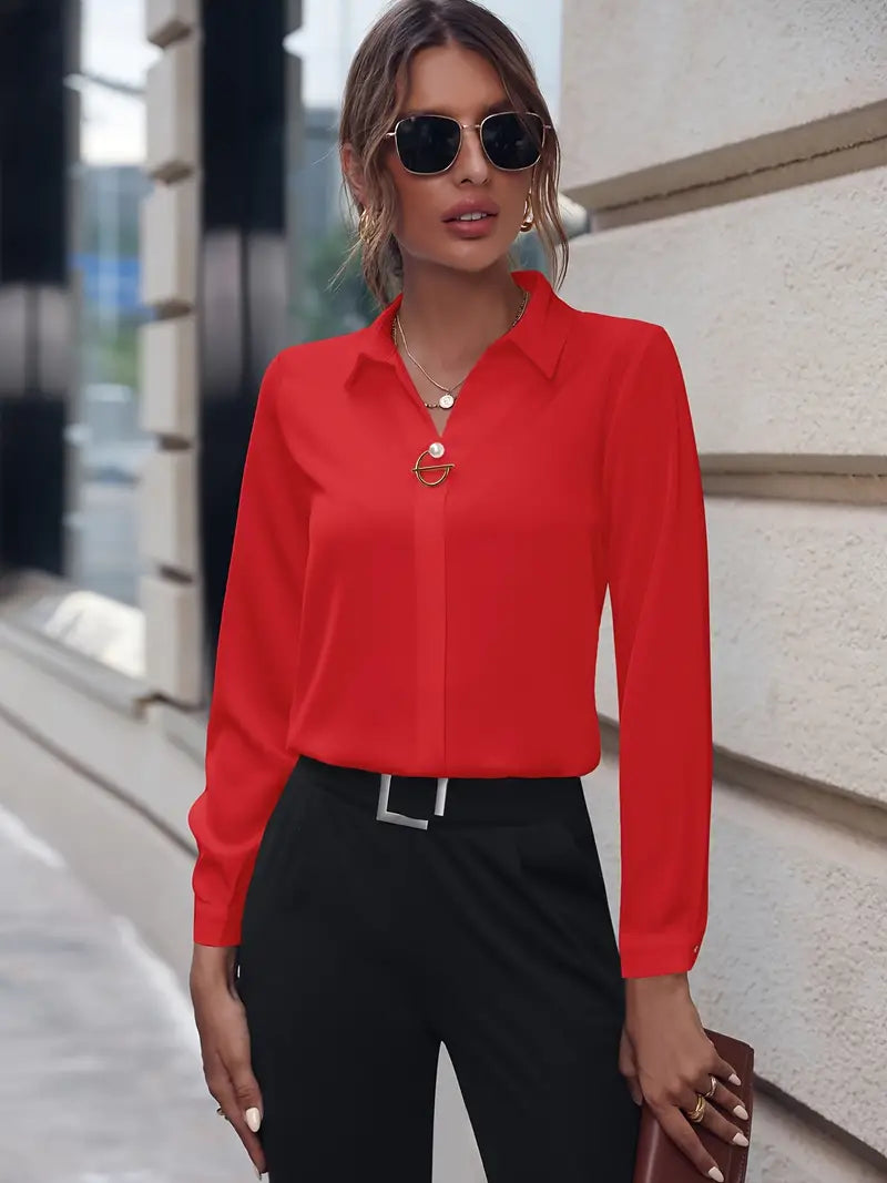 Blusa Feminina Elegante Sólida Botão de Lapela Manga Longa