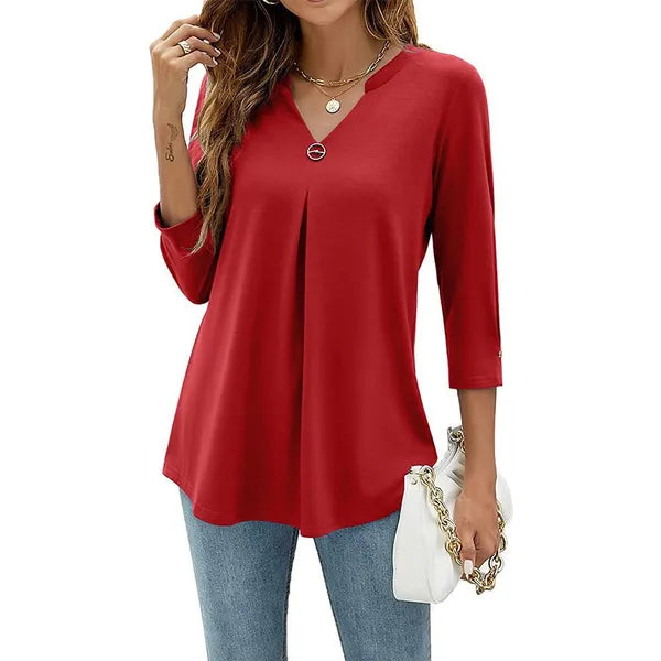 Blusas com decote em V de algodão plissada solta