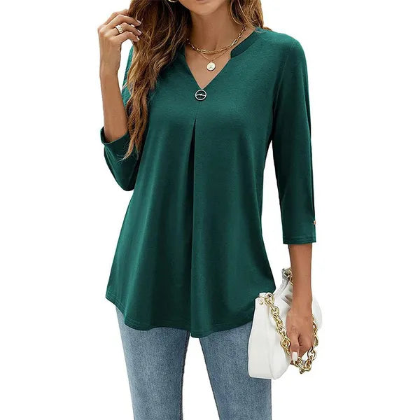 Blusas com decote em V de algodão plissada solta